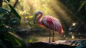 Pink flamingo stands in a river surrounded by lush green trees. The bird is partially obscured by the water, but its bright pink feathers stand out against the green background photo
