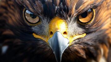 Close up of a bird's face with a yellow beak and a red eye. The bird's expression is angry and intense photo