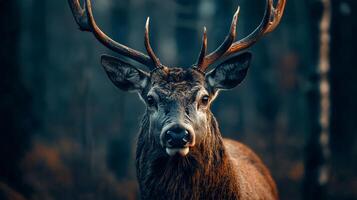 Deer with its head held high and its antlers visible. The image has a mood of strength and power photo