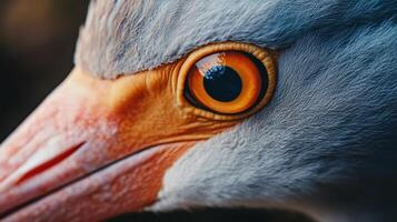 Bird with a large orange eye. The eye is surrounded by a gray and white beak photo