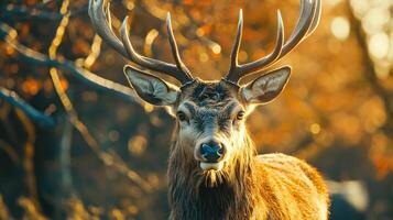 Deer with its head down and its antlers visible. The deer is in a forest with trees and leaves photo