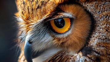 Close up of an owl's face with a yellow eye. The owl's face is the main focus of the image, and the yellow eye draws attention to it. Concept of curiosity and intrigue photo