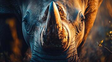 Rhino with a large horn is staring at the camera. The image has a moody and intense feel, as if the rhino is looking directly at the viewer photo
