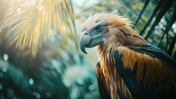 Bird with a yellow and blue head is standing in a forest. The bird is looking at the camera photo