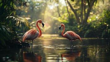 Two flamingos are standing in a body of water, with the sun shining on them. The scene is peaceful and serene, with the birds enjoying the warm weather and the calm water photo