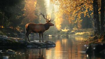 Deer stands on a rock by a river. The scene is peaceful and serene, with the deer being the main focus of the image photo