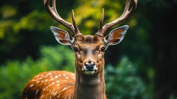 Deer with antlers is standing in a green forest. The deer has a serious expression on its face photo