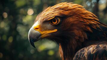 Large brown eagle with yellow eyes is staring at the camera. The image has a moody and intense feeling, as if the eagle is looking directly at the viewer photo