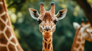 Giraffe is looking at the camera with its mouth open. The giraffe is in a natural setting, surrounded by trees and grass. Concept of curiosity and playfulness photo