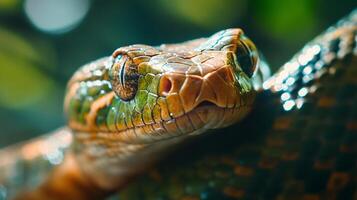 Green and brown snake with a yellow head. The snake is resting on a leaf. The snake is looking at the camera photo