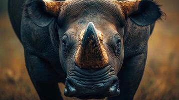 Rhino with a large horn is standing in a field. The rhino is looking directly at the camera photo