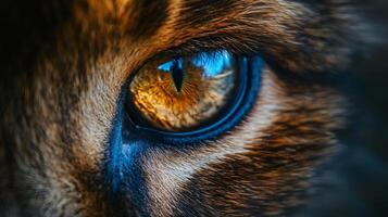 Close up of a cat's eye with a blue reflection. The eye is surrounded by fur and the reflection is bright and clear photo