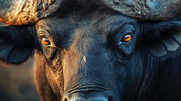 Close up of a black ox with its eyes open and staring at the camera. The ox has a brownish tint to it, giving it a somewhat eerie appearance photo