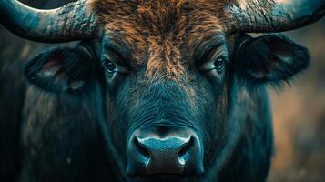 Bull with a blue and brown face is staring at the camera. The blue and brown colors give the image a moody and intense feeling photo