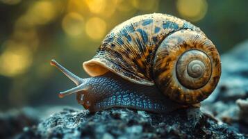 Small brown and tan snail is sitting on a rock. The snail is surrounded by water droplets, giving it a wet appearance. Concept of calmness and tranquility photo