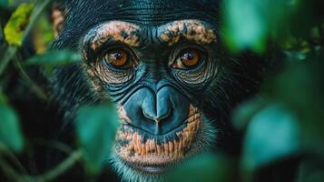 Baby monkey with brown and black fur is peeking out from behind some leaves. The monkey has a big, curious look on its face photo