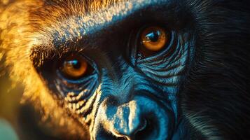 Close up of a gorilla's face with its eyes open and looking at the camera. Concept of curiosity and intelligence, as the gorilla's gaze seems to be focused on the viewer photo