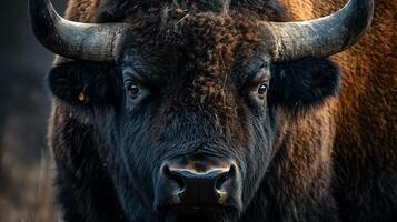 Large brown bull with black horns is staring at the camera. The image has a moody and intense feeling, as the bull's gaze is fixed and unwavering. The contrast between the bull's dark color photo