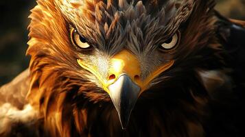Close up of an eagle's face with its eyes wide open and its mouth open. The eagle's expression is angry and aggressive photo