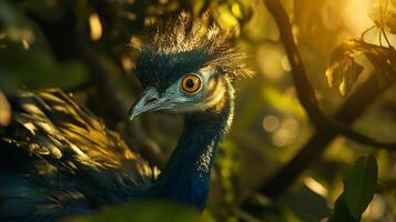 Bird with a long neck and a blue head is standing in the shade of a tree. The bird is looking at the camera photo