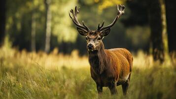 Deer stands in a field with its antlers raised. Concept of freedom and natural beauty, as the deer is in its natural habitat. The lush green grass and the open field create a peaceful photo