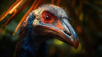 Bird with a red eye and a black beak. The bird is looking at the camera photo