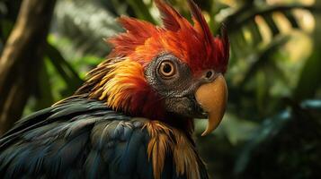 Colorful parrot with a red beak and green and blue feathers. The bird is looking at the camera photo