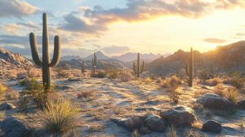 Desert scene with a cactus and mountains in the background. The sun is setting, casting a warm glow over the landscape photo
