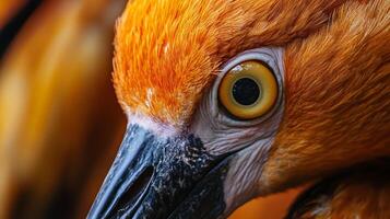 Close up of a bird's eye with a yellow iris. The eye is large and prominent, drawing attention to the bird's face. The bird's feathers are orange, giving it a warm and vibrant appearance photo