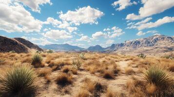 Desert landscape with a few trees and mountains in the background. The sky is mostly clear with a few clouds scattered throughout. Scene is peaceful and serene, with the vast expanse of the desert photo