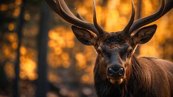 Deer with its head down and its antlers showing. The deer is in a forest with trees in the background photo