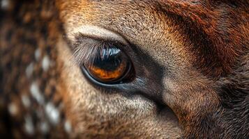 Close up of a deer's eye with a brownish tint. The eye is surrounded by a fuzzy, fuzzy texture photo