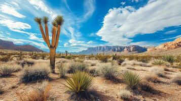 Desert landscape with a lone tree in the foreground. The sky is clear and blue, and the sun is shining brightly. Concept of solitude and tranquility, as the lone tree stands out against the vast photo