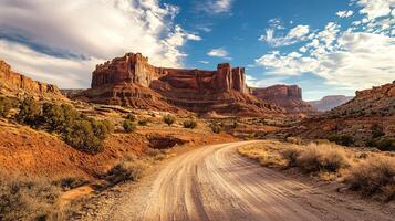 Road in the desert with a mountain in the background. The sky is cloudy and the sun is setting photo