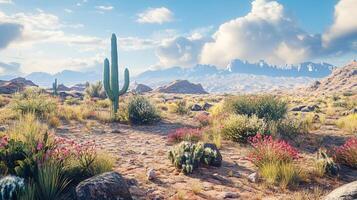 Desert landscape with a cactus in the foreground and mountains in the background. The sky is cloudy, but the sun is still shining through photo