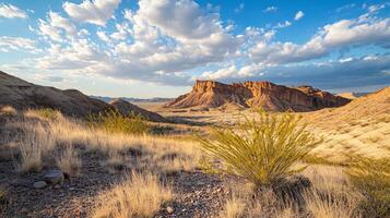Desert landscape with a lone tree in the foreground. The sky is cloudy and the sun is setting photo
