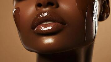 Woman with a dark complexion and a shiny lip gloss. The lips are very full and the woman has a beautiful smile photo