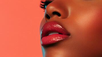 Woman with red lips is shown in a close up. The lips are shiny and the woman's face is framed by a red background photo