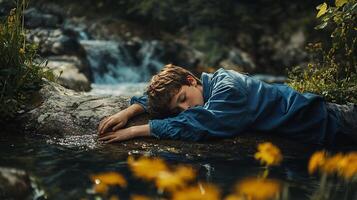 Young boy is sleeping in a stream. The water is clear and calm, and the surrounding area is filled with flowers. The scene is peaceful and serene, with the boy's body resting on the water's surface photo