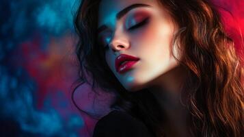 Woman with long hair and red lipstick is the main focus of the image. The background is a mix of purple and blue colors, creating a vibrant and eye-catching atmosphere photo