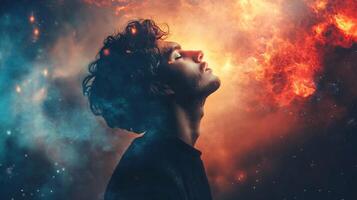 Man is looking up at a fiery explosion in space. Concept of awe and wonder at the vastness of the universe and the power of nature photo