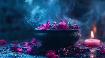 Bowl of flowers is sitting on a table next to a candle. The bowl is filled with purple flowers and the candle is lit. The scene has a calming and peaceful mood, as the flowers photo