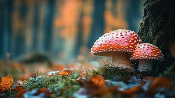 Two red mushrooms are on a mossy log. The mushrooms are surrounded by fallen leaves, giving the scene a natural and peaceful feel photo
