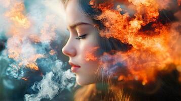 Woman's face is shown in a painting with a fiery cloud in the background. The painting has a mood of intensity and passion photo