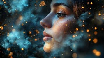 Woman's face is shown in a blurry, hazy background with a lot of glowing lights. The image has a dreamy, ethereal quality to it, as if the woman is floating in a cloud of smoke photo