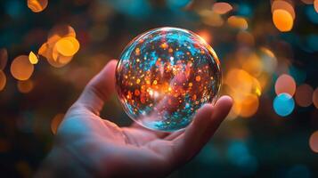 Hand holding a glass sphere with a blue and orange glow. The sphere is surrounded by a blurry background with a mix of colors. Concept of wonder and curiosity, as the viewer is drawn to the unique photo