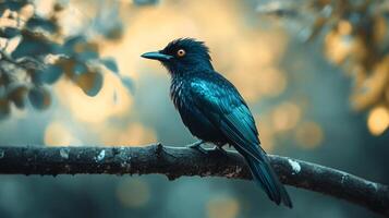 Blue bird is perched on a branch. The bird is looking to the left. The branch is thin and the bird is small photo