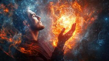 Man is holding a glowing orb in his hands. The orb is surrounded by a fiery glow, and the man is in a trance. Concept of wonder and awe photo