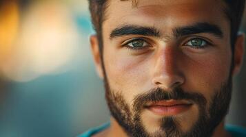 Man with a beard and a blue shirt. He has a beard and a mustache photo