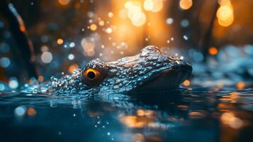 Frog is swimming in a body of water with a bright orange and blue background. The frog is surrounded by a lot of light, which creates a sense of movement and energy photo